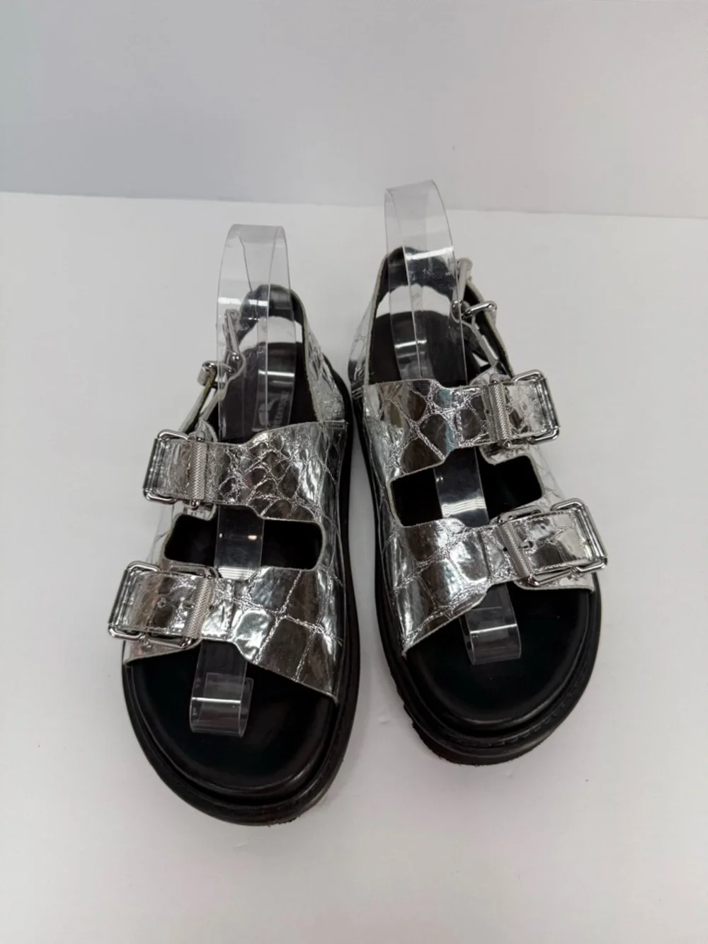 ZADIG & VOLTAIRE Silver reptile imprint Metallic Buckle Platform Sandals size 7 - Picture 4 of 9